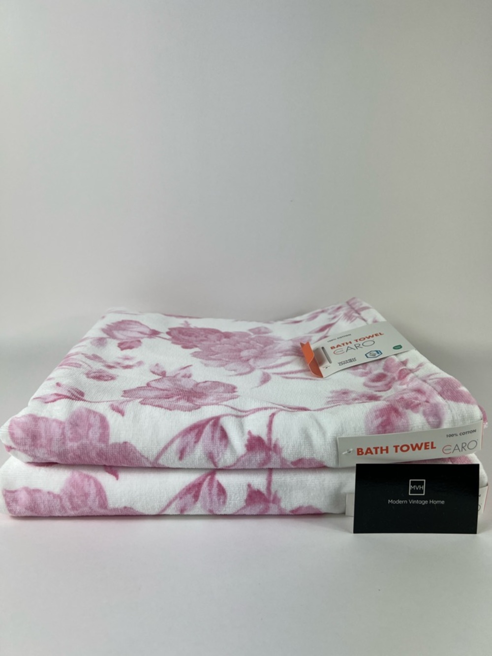 Caro Home Bath Towel Set Pink White Floral Soft Cotton Velour Set of 2 NEW